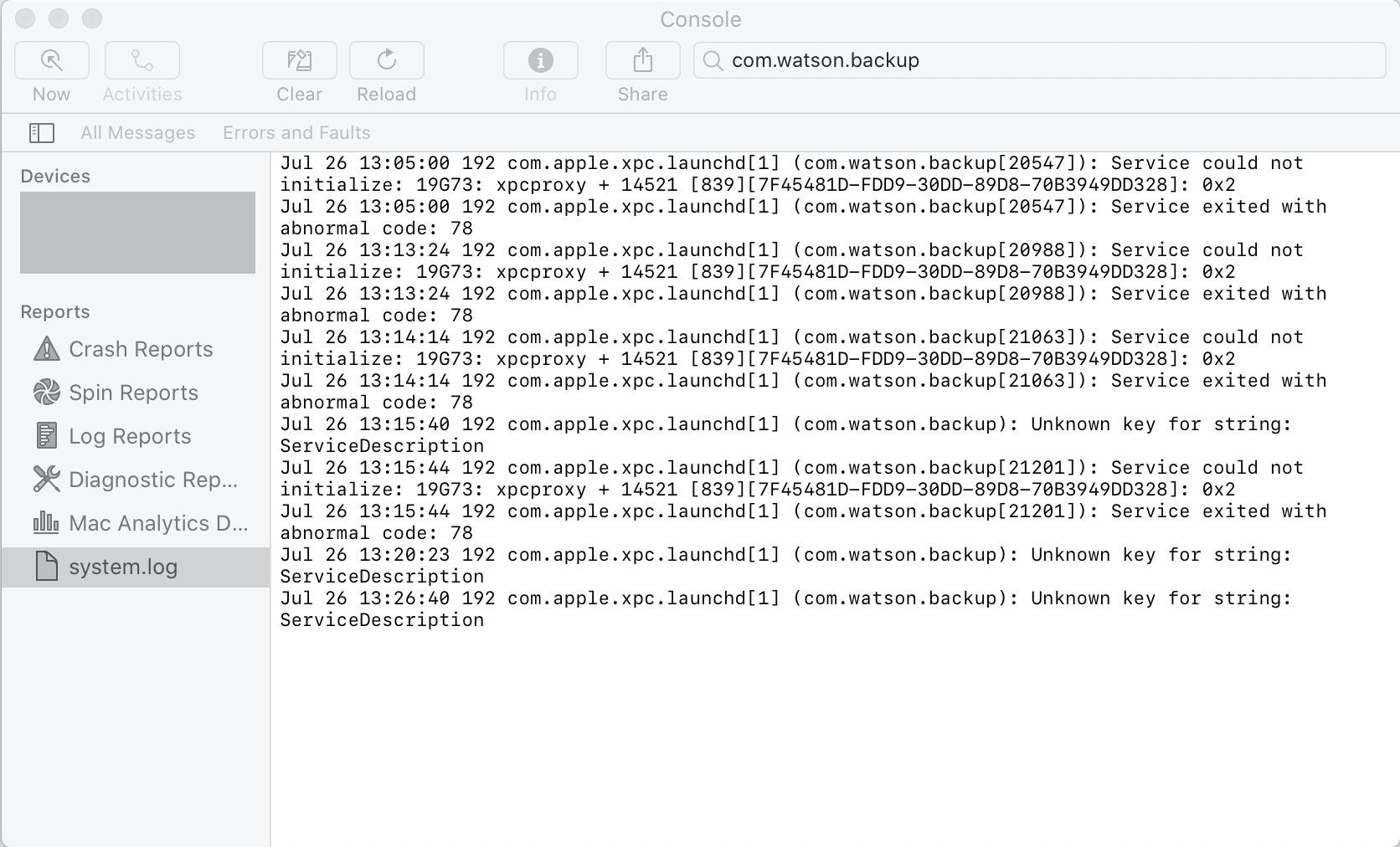 MacOS Console.app screenshot demonstrating the debugging capabilities